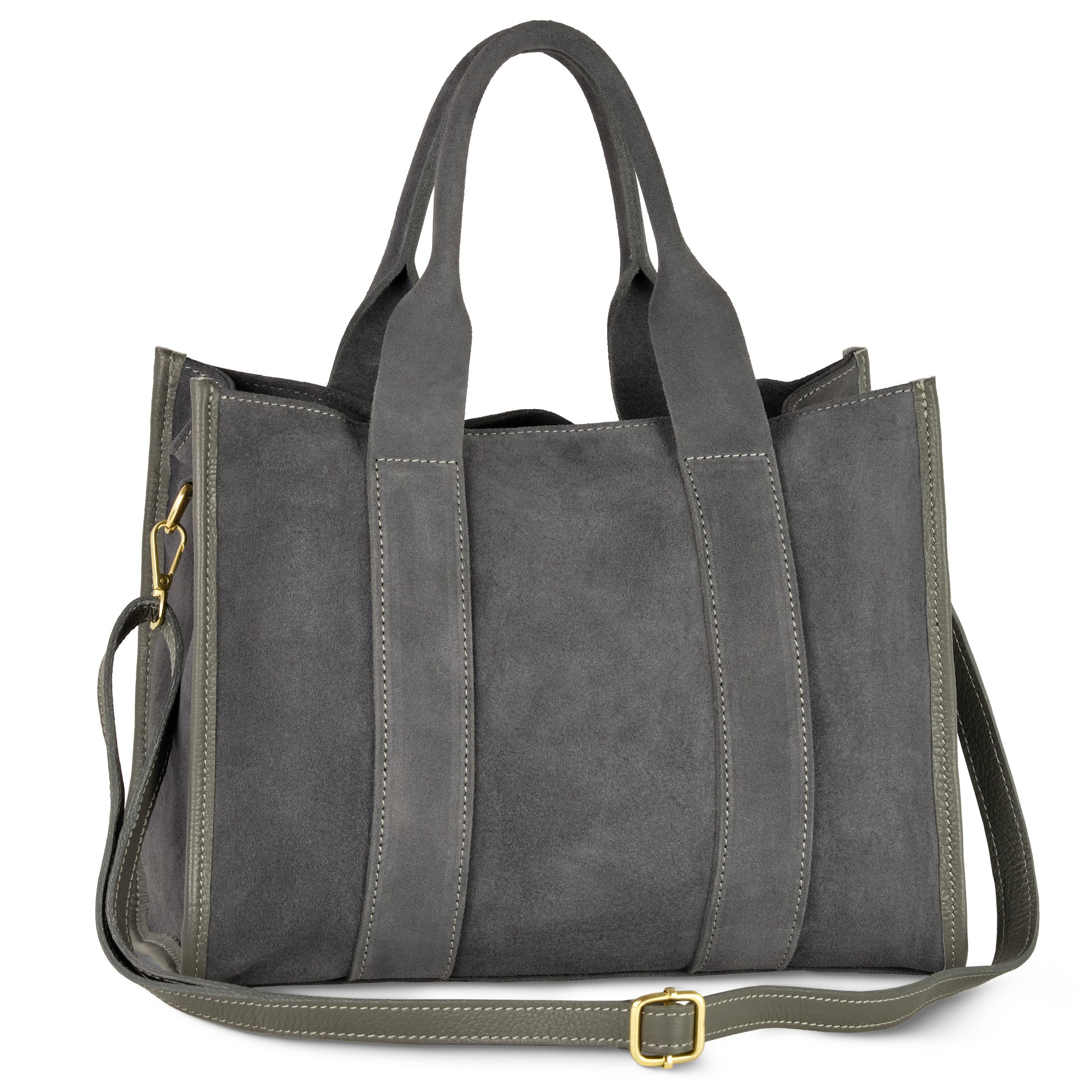 A pewter suede tote bag with two short handles and a detachable leather crossbody strap, gold hardware, and visible stitching. This handmade Italian bag features a structured silhouette and minimalistic design.