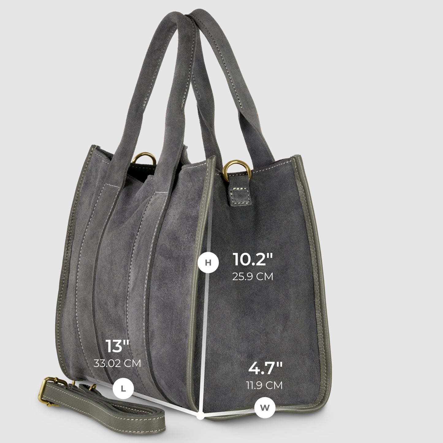 A handmade grey suede bag with double handles and a detachable strap is displayed. Dimensions are marked: height 10.2 (25.9 cm), length 13 (33.02 cm), and width 4.7 (11.9 cm).