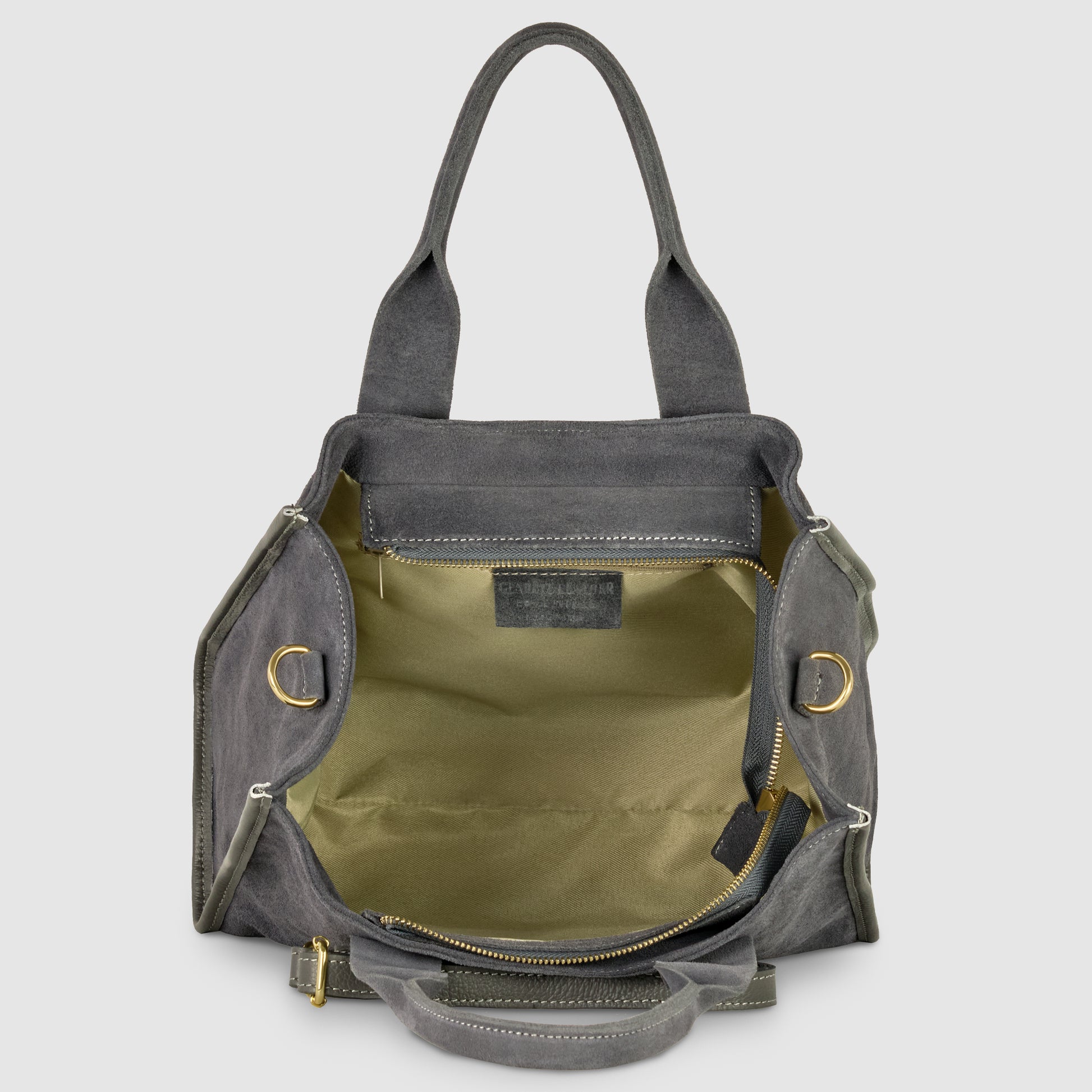 A gray fabric tote bag inspired by Italian craftsmanship, featuring an open top, beige interior with inner pockets, gold hardware, and sturdy handles, photographed against a light background.