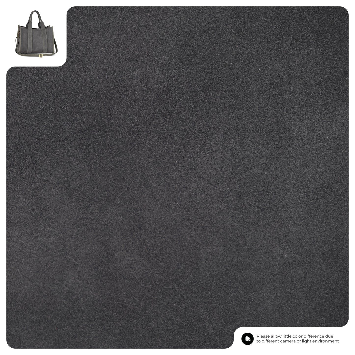 A dark gray textured square with a small image of a leather crossbody in the top left corner and a note in the bottom right about possible color differences due to lighting or camera settings.