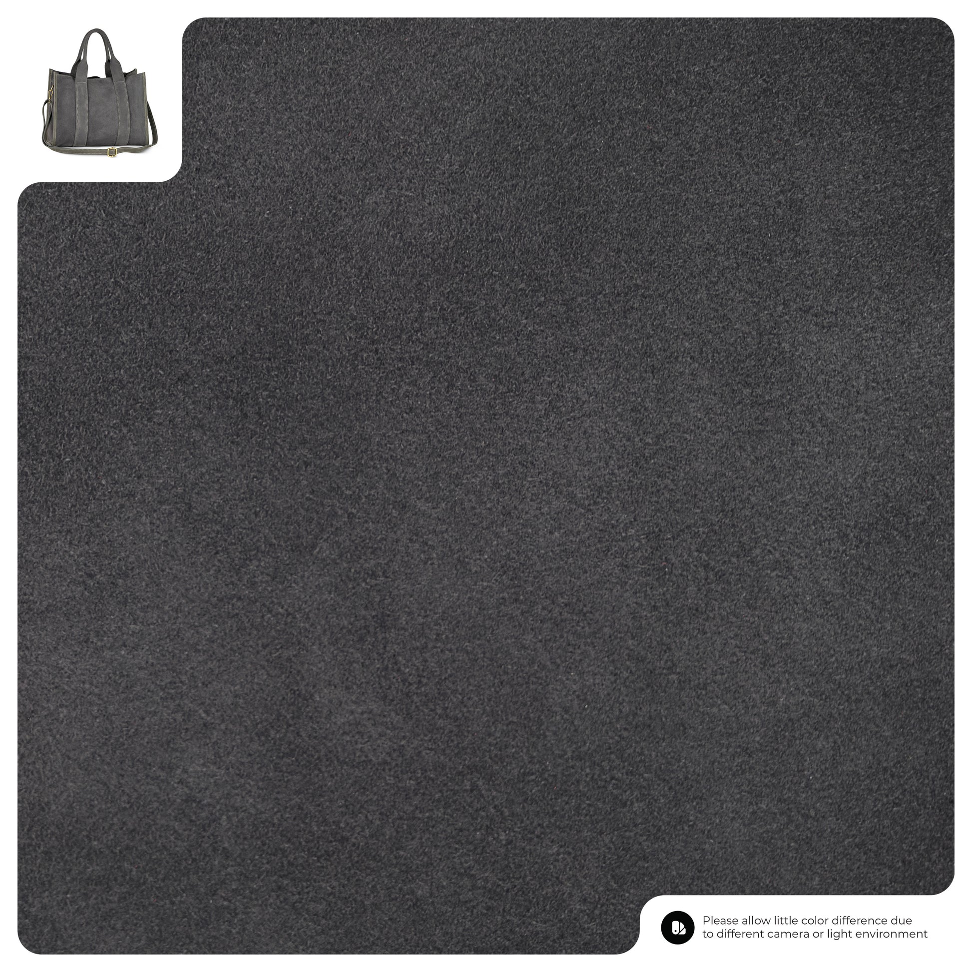 A dark gray textured square with a small image of a leather crossbody in the top left corner and a note in the bottom right about possible color differences due to lighting or camera settings.
