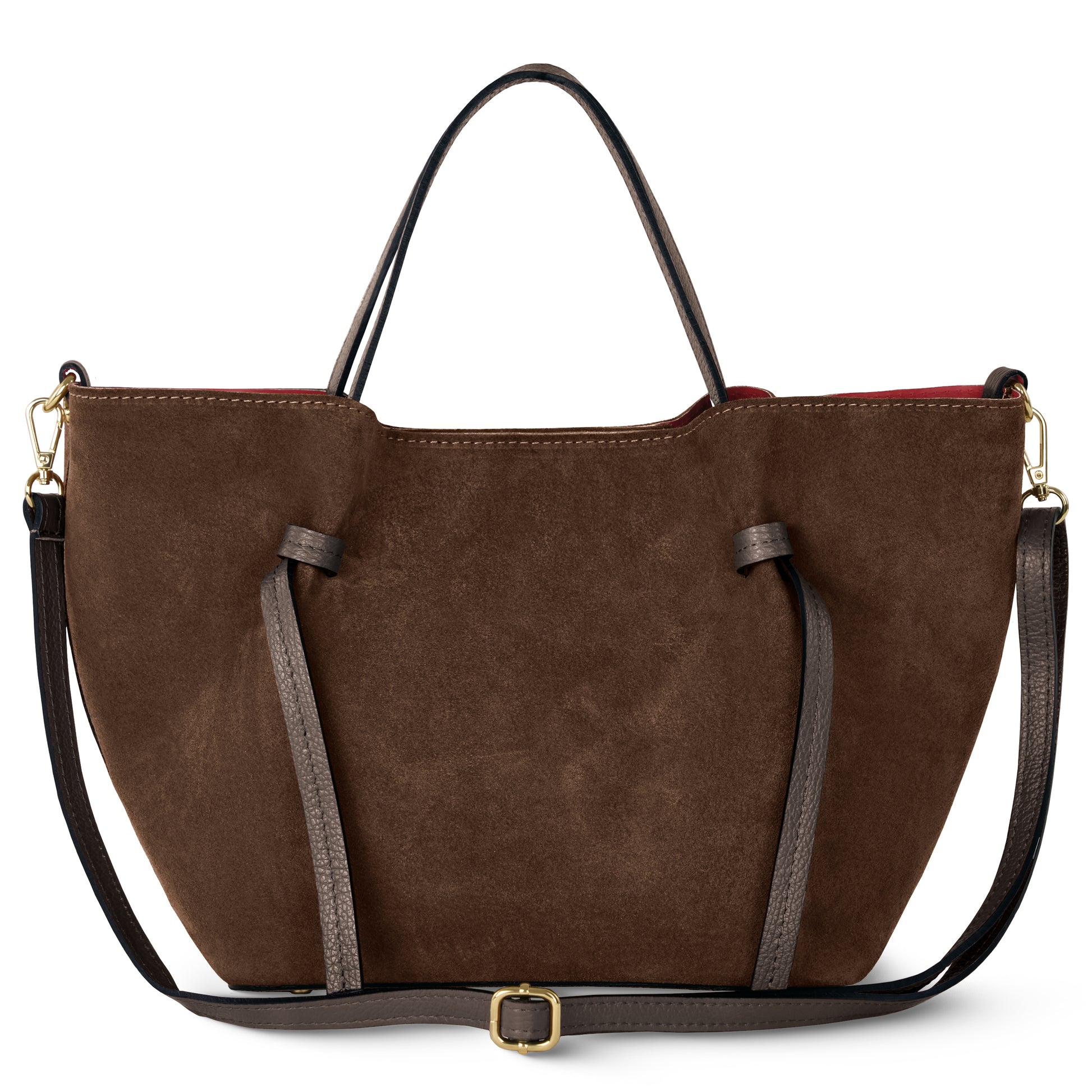 A chocolate suede tote with two short handles, a detachable long shoulder strap, and dark brown trim highlights classic Florentine leatherwork against a white background.