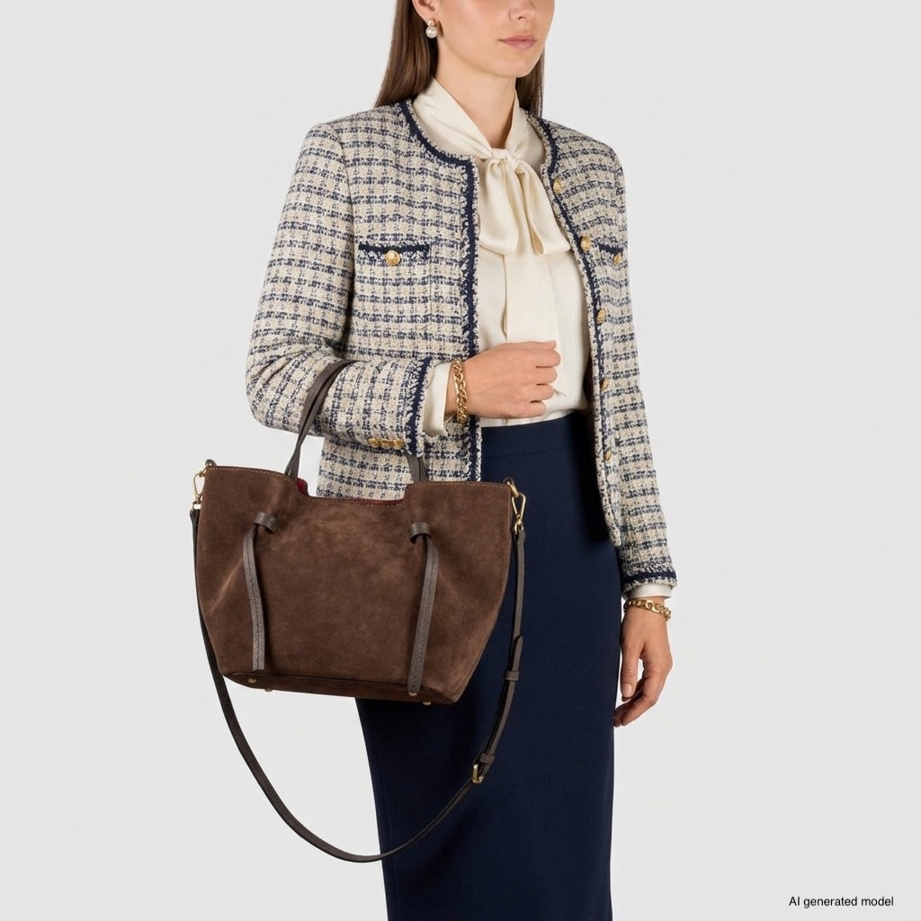 A woman in a checked blazer, cream blouse, and navy skirt holds a handmade Florentine bag crafted from brown suede with both handles and a shoulder strap. The image has a plain light background.