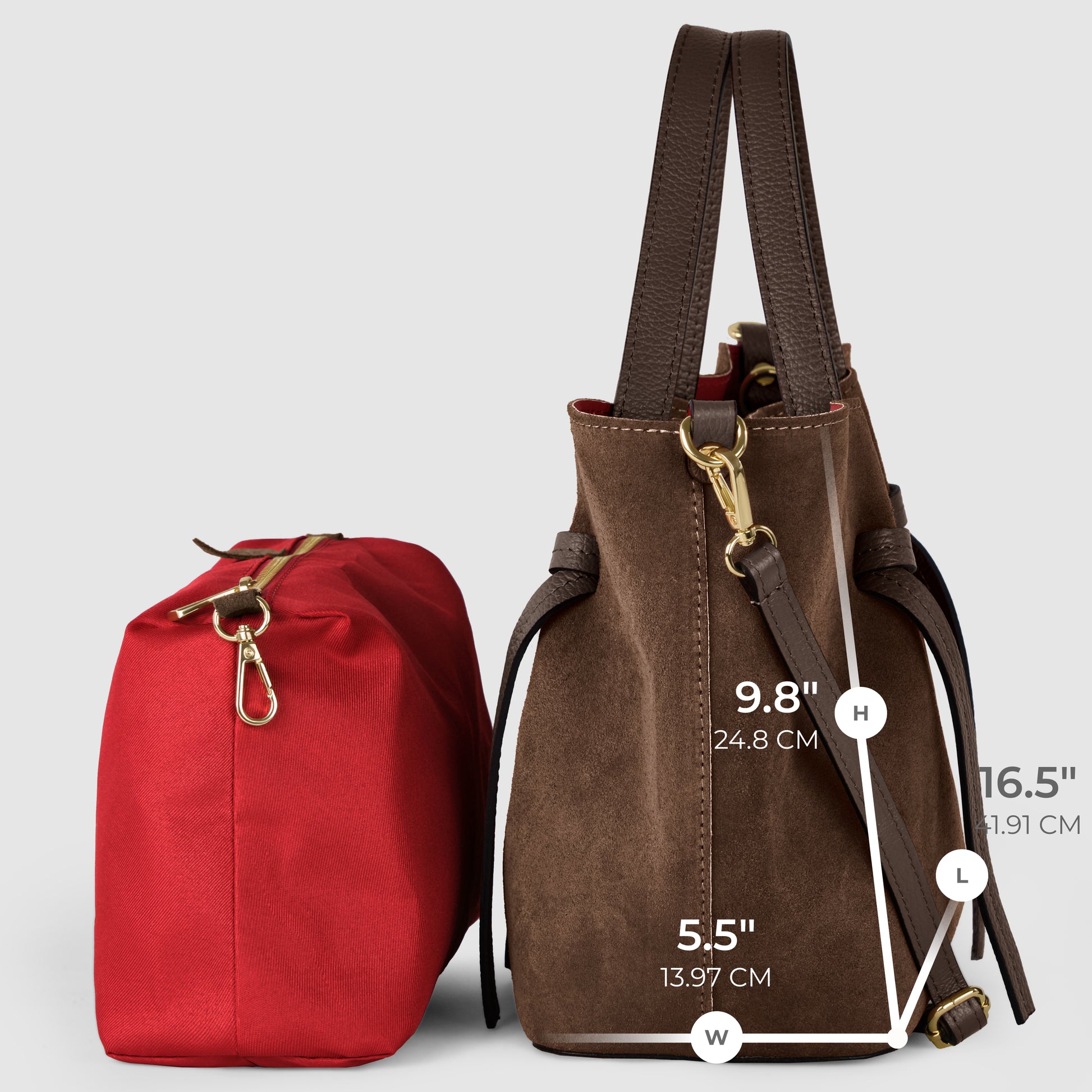 Two handbags side by side, one red and one brown. The brown bag, a handmade Italian bag with gold hardware, stands upright with long handles. Its dimensions are 9.8" x 5.5", with a handle length of 16.5".