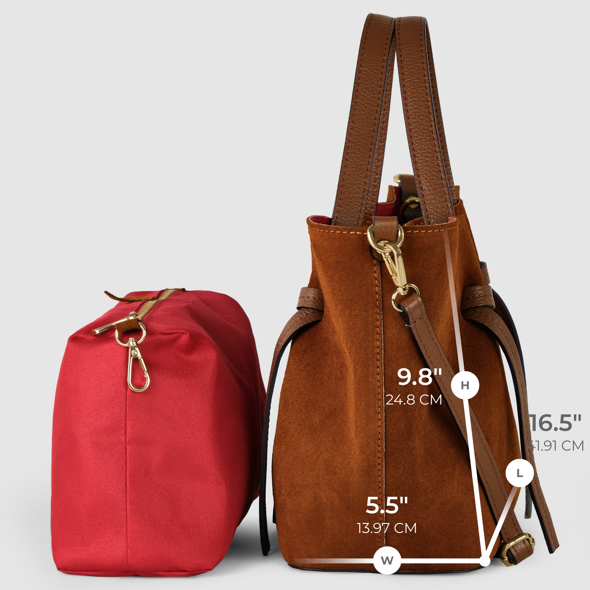 Two handbags side by side: a red rectangular bag on the left and a brown handmade Italian bag on the right. The brown bag, showcasing classic Florentine leatherwork, displays width, height, and length measurements with labels and white lines.