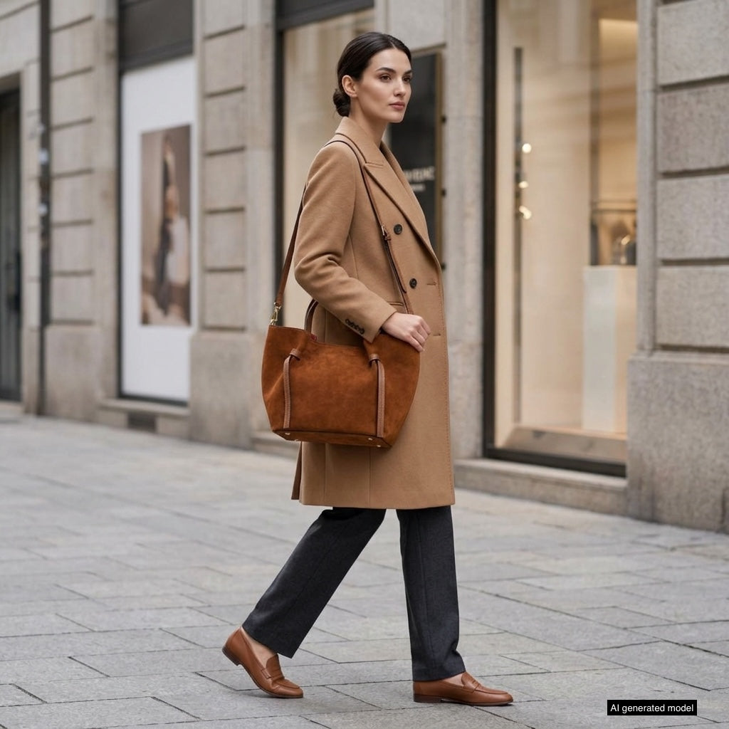 A woman wearing a tan coat, gray pants, and brown shoes walks on a city sidewalk, carrying an elegant handmade Florentine bag. Modern buildings with large windows appear in the background.