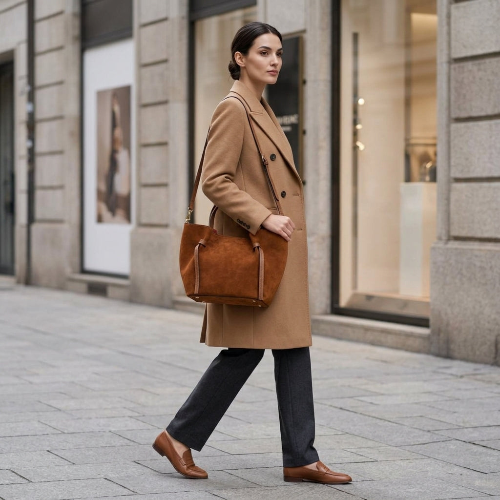 A woman wearing a tan coat, gray pants, and brown loafers walks on a city sidewalk carrying a stylish Italian suede bag. She passes modern shop windows on a quiet urban street.