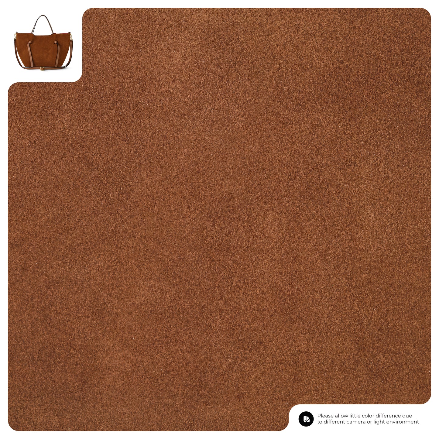 A swatch of soft brown suede fabric with a subtle texture. In the top left corner, a handmade Italian bag is displayed as a sample product. Text at the bottom notes slight color differences may occur.