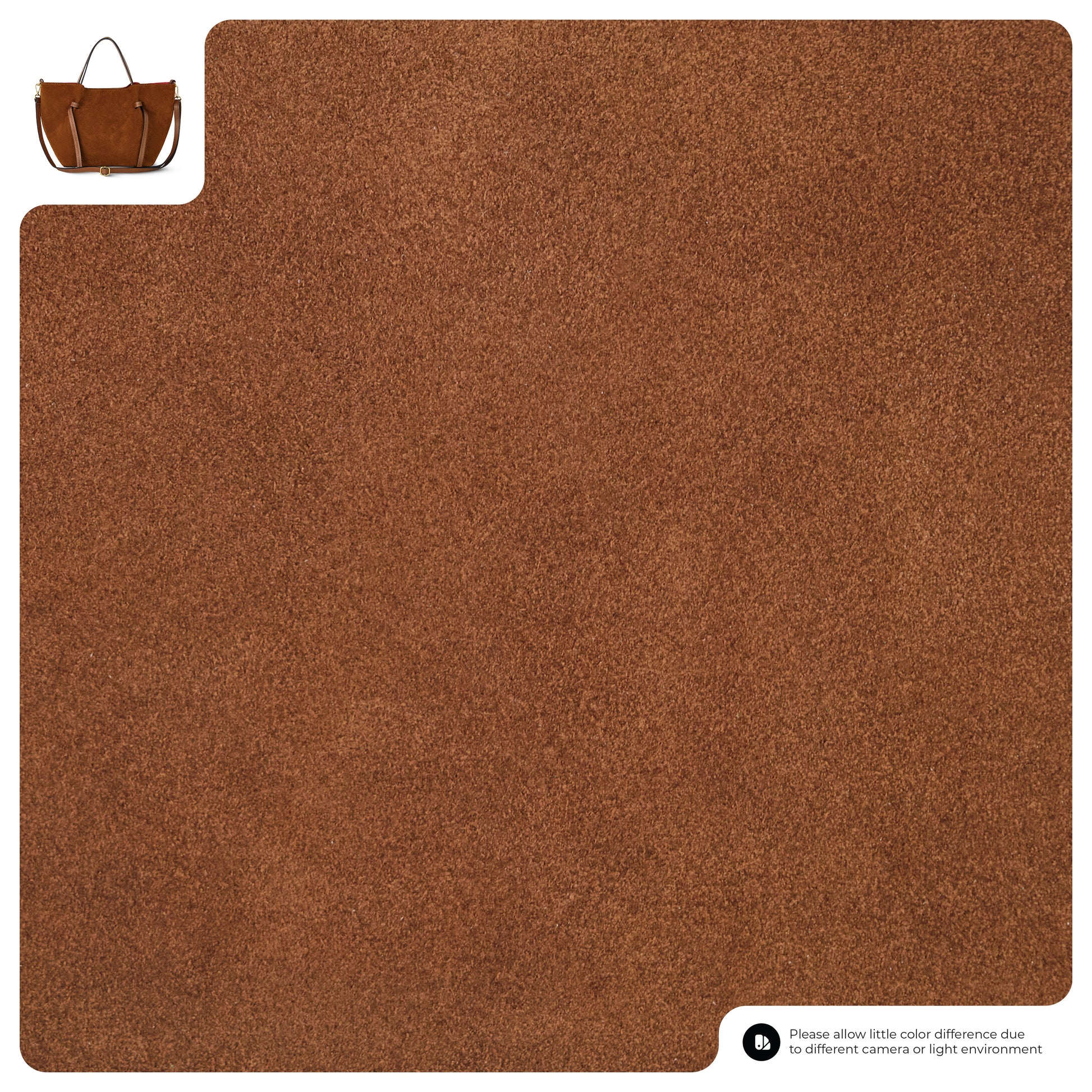 A swatch of soft brown suede fabric with a subtle texture. In the top left corner, a handmade Italian bag is displayed as a sample product. Text at the bottom notes slight color differences may occur.