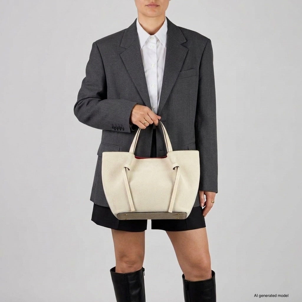 A person wearing a dark gray blazer, white shirt, and black shorts holds a handmade Florentine bag. They are also wearing knee-high black boots, standing against a plain light gray background.