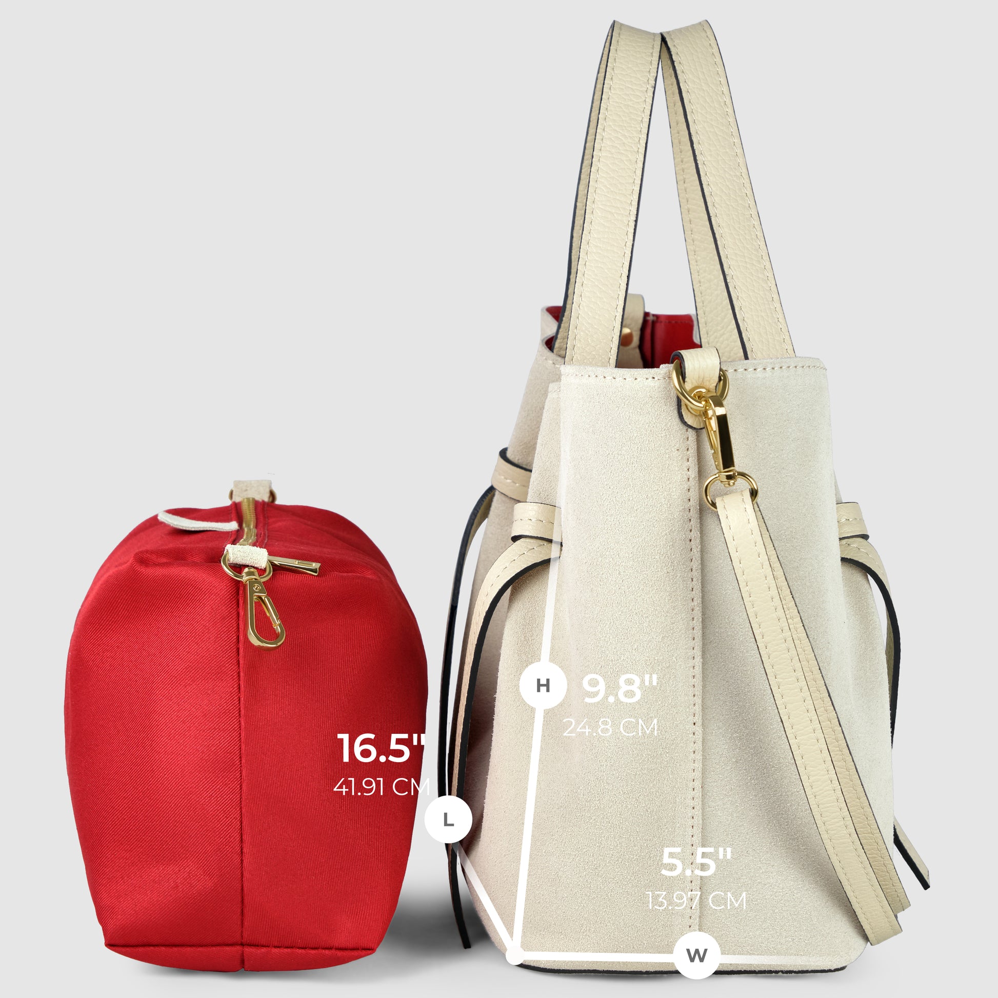 Two handbags shown side by side: a red luxury tote on the left (16.5"/41.91 cm long) and a beige handmade Italian bag on the right (9.8"/24.8 cm high, 5.5"/13.97 cm wide), both showcasing exquisite Florentine leatherwork.