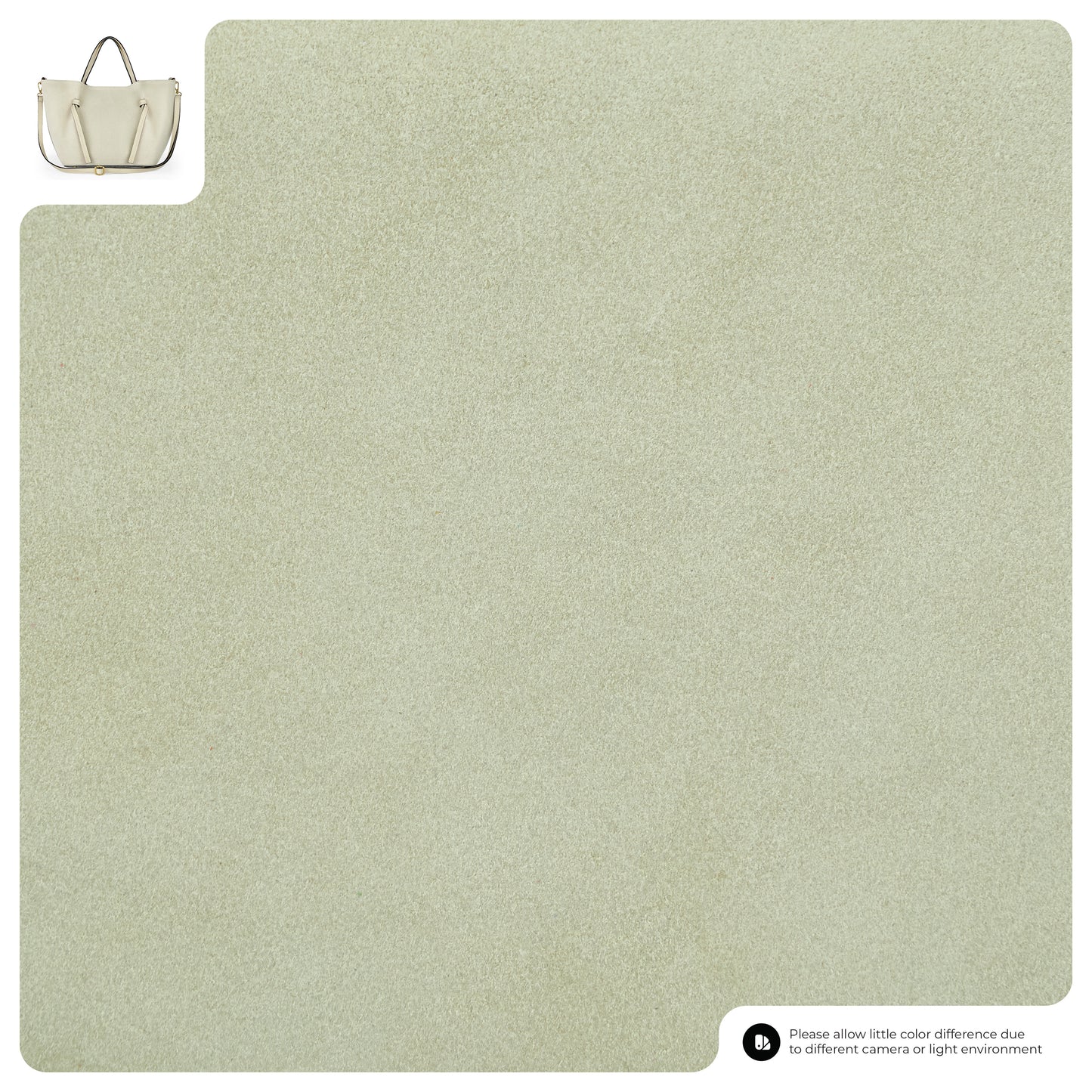 A cream-colored textured background with a small beige suede tote in the top left corner. A note in the bottom right mentions possible color differences due to lighting or camera.