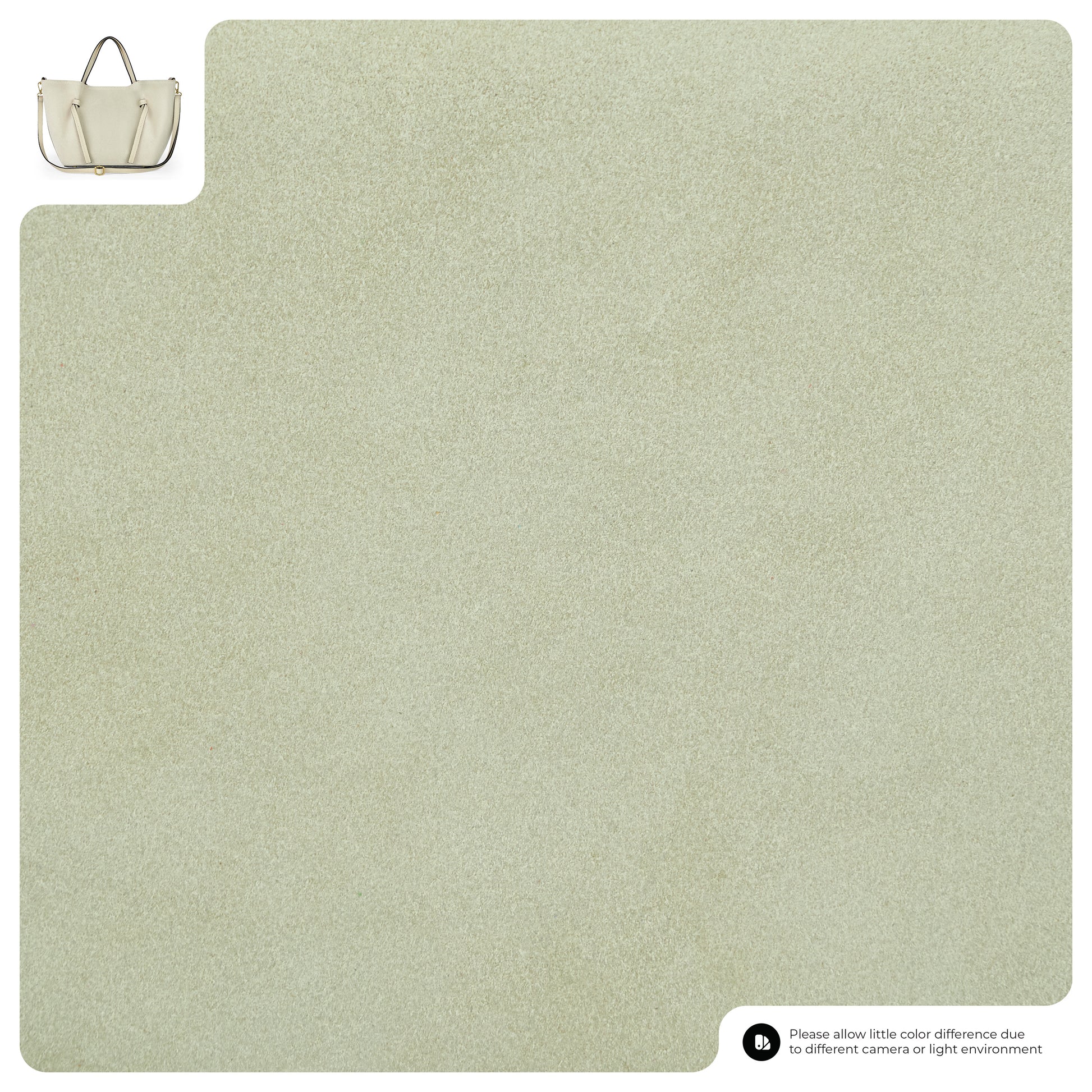 A cream-colored textured background with a small beige suede tote in the top left corner. A note in the bottom right mentions possible color differences due to lighting or camera.