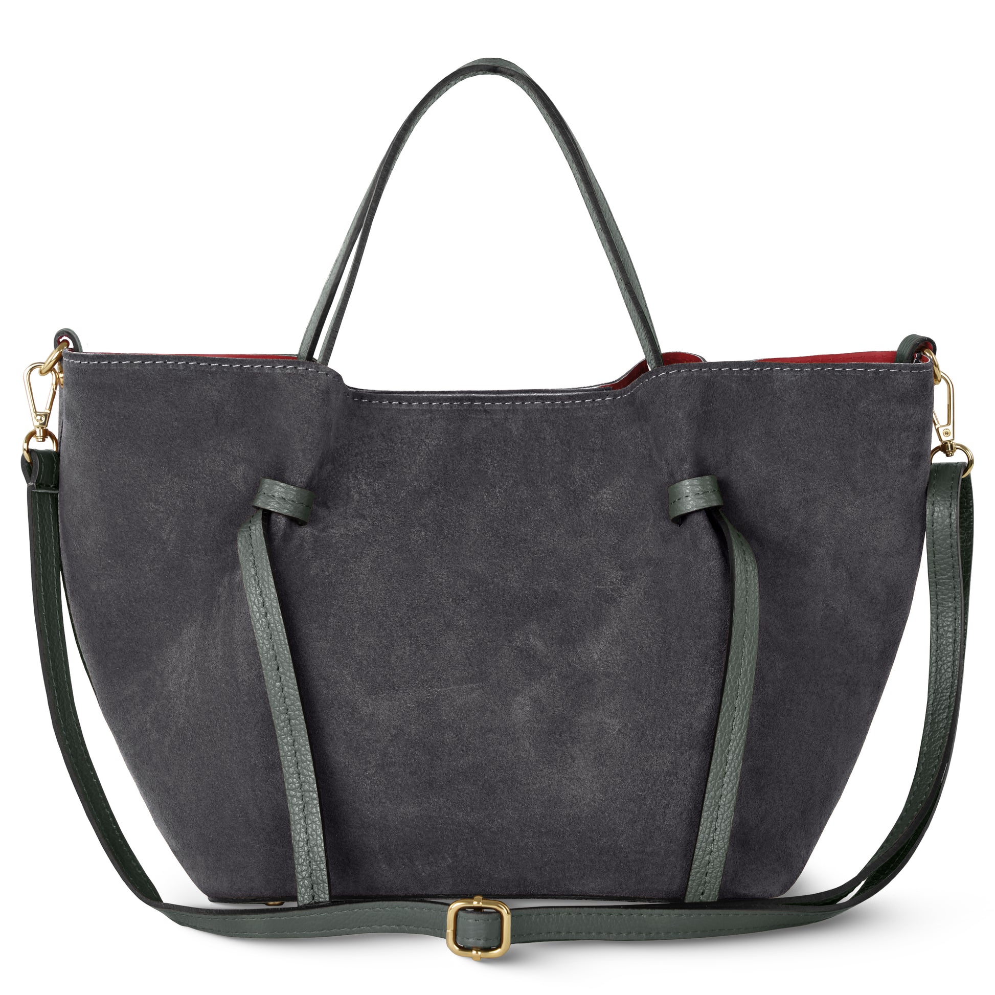 A pewter suede tote inspired by Florentine leatherwork, with two short handles, a long adjustable shoulder strap, gold-tone hardware, red interior lining, and a minimalist structured design.
