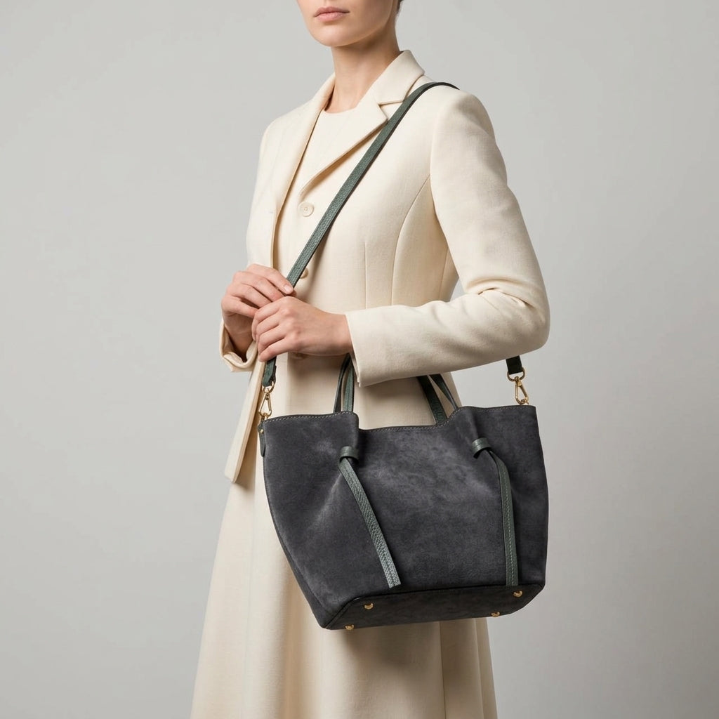 A woman in a cream-colored coat holds an Italian suede bag with green straps over her shoulder against a plain light background. Her face is partially out of frame, highlighting the elegant everyday carryall.
