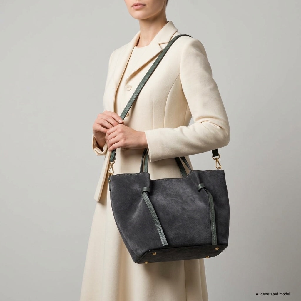 A woman wearing a cream-colored coat holds an Italian suede bag with green straps over her shoulder, showcasing this elegant everyday carryall against a plain background.