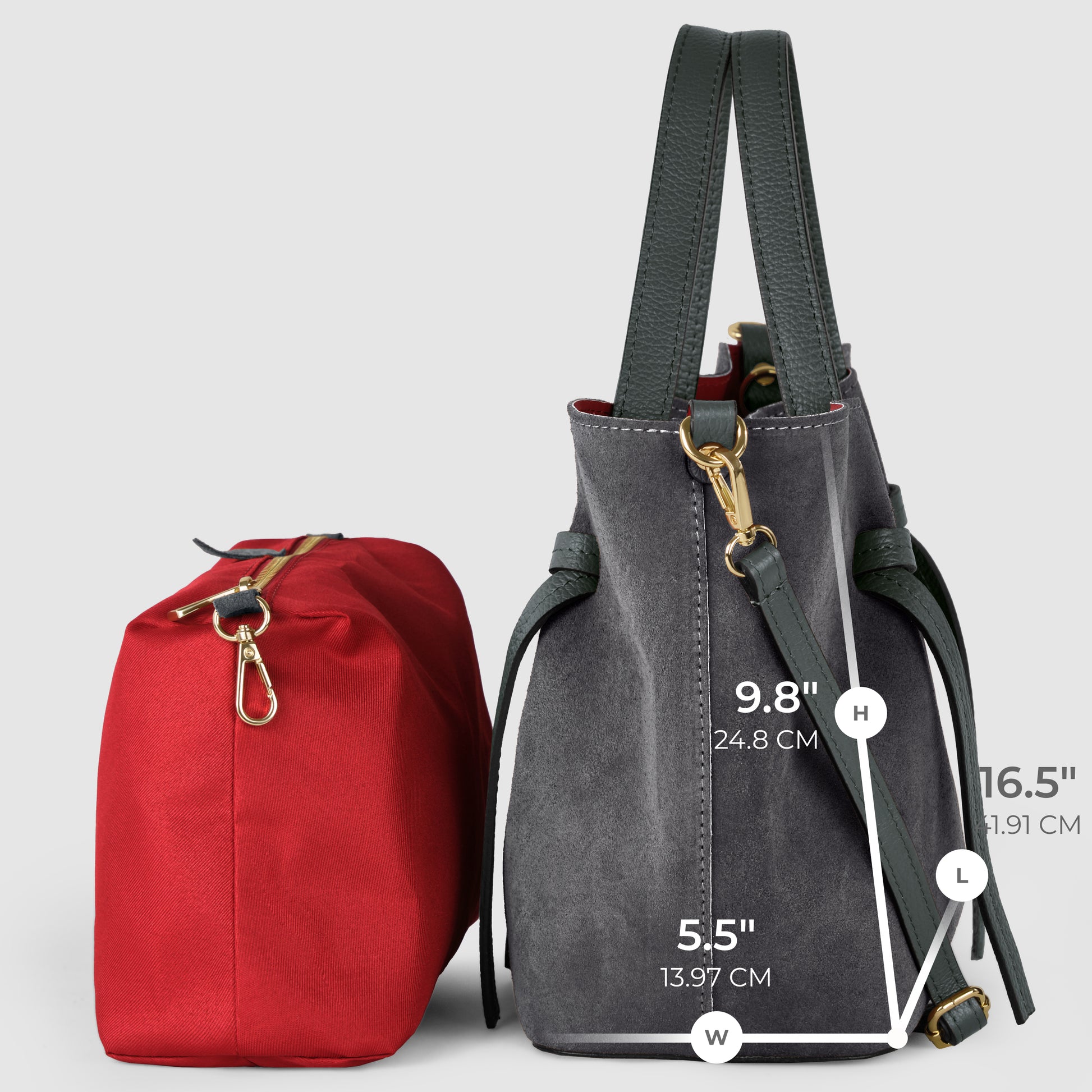 A red rectangular Italian suede bag lies on its side next to a gray handbag, both showcasing measurements: height 9.8 (24.8 cm), base width 5.5 (13.97 cm), and strap length 16.5 (41.91 cm).