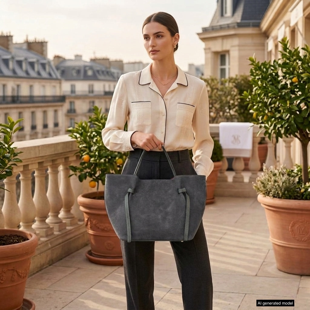 A woman stands on a balcony with potted plants, wearing a cream blouse and dark trousers, holding an elegant Italian suede bag. Parisian-style buildings are visible in the background.