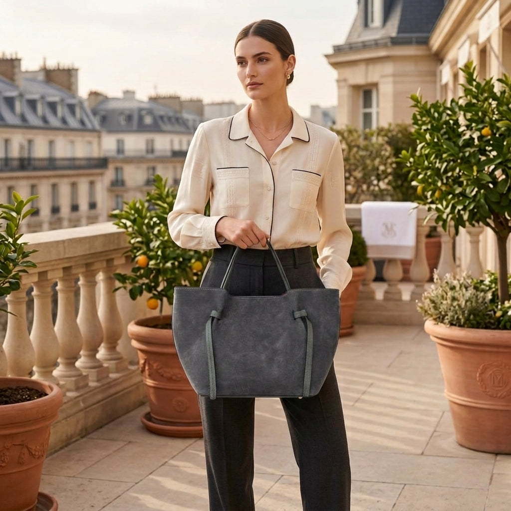 A woman stands on a sunlit terrace with potted plants, wearing a cream blouse and dark trousers, holding a large handmade Florentine bag. Elegant buildings with balconies are visible in the background.