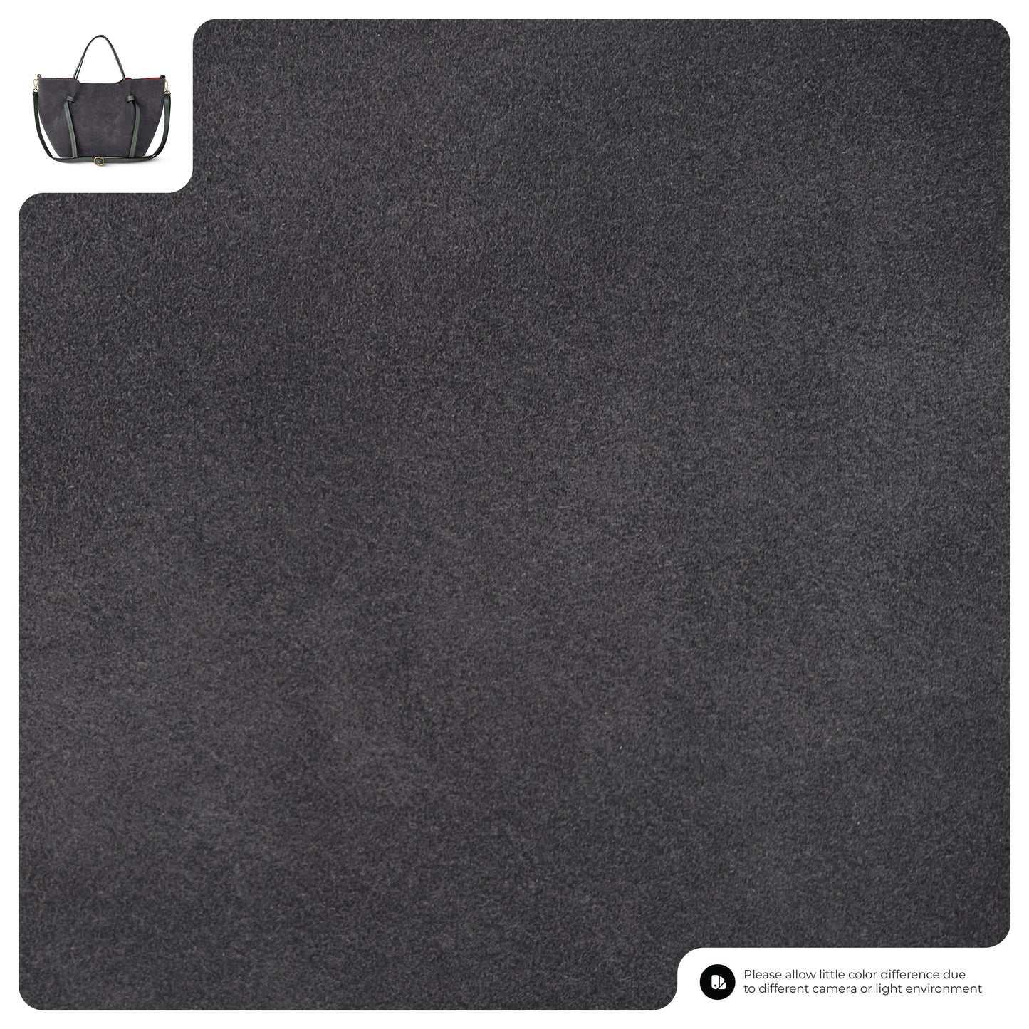 Dark gray, suede-like textured fabric fills most of the image. In the top left corner, a small Italian suede bag is shown for scale. Bottom right text notes possible color differences due to lighting.