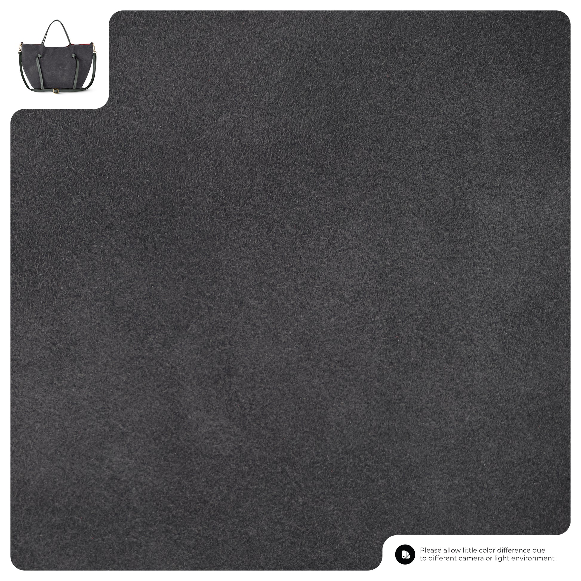 Dark gray, suede-like textured fabric fills most of the image. In the top left corner, a small Italian suede bag is shown for scale. Bottom right text notes possible color differences due to lighting.