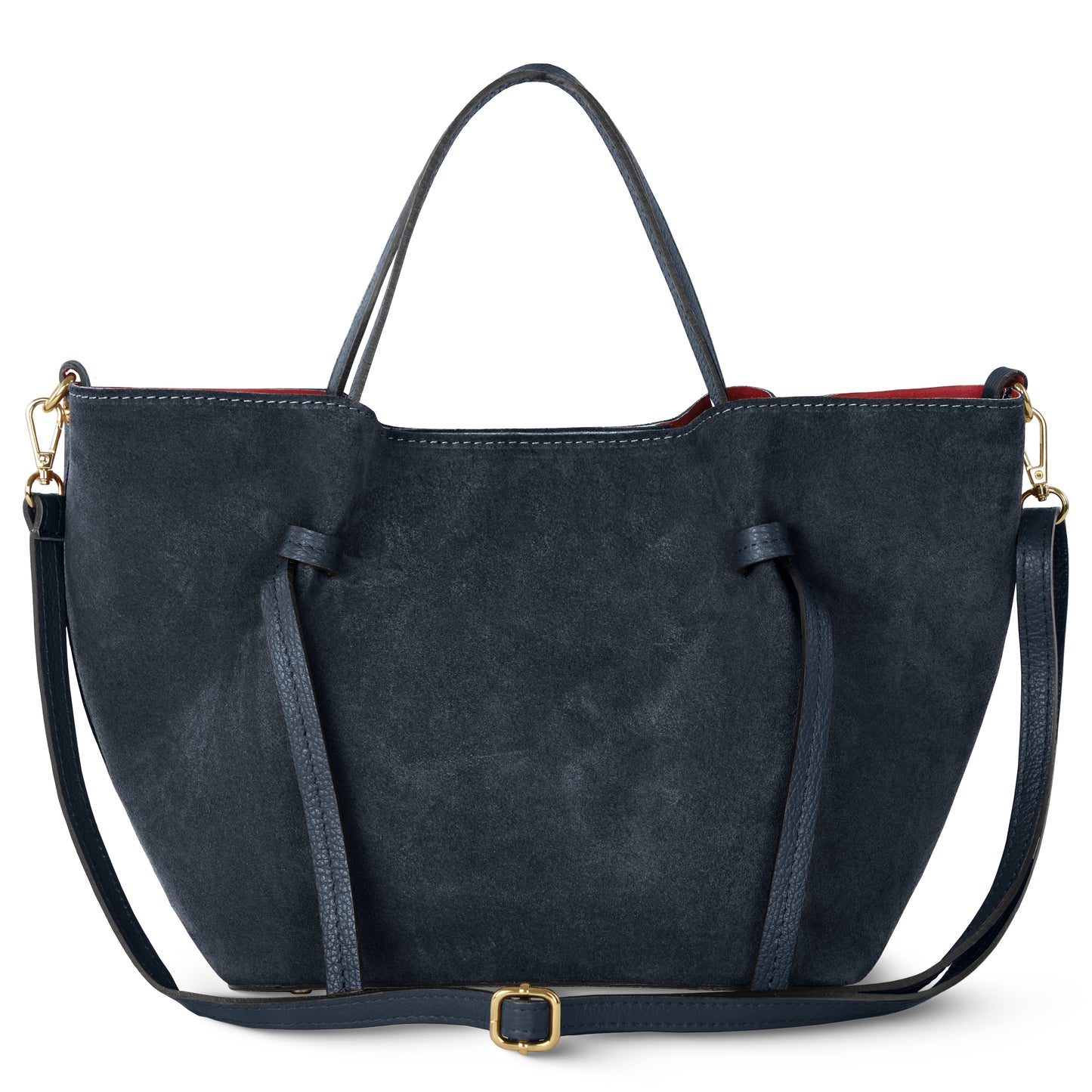 A dark blue suede tote with two short handles, an adjustable shoulder strap, and gold hardware. Its red-lined interior and refined design showcase Italian craftsmanship inspired by Florentine leatherwork.