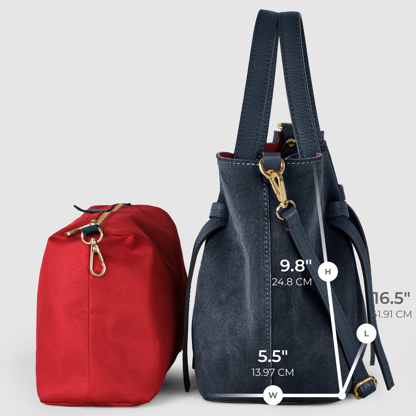 Two handbags—one red and one dark blue—are shown side by side. The upright blue handmade Italian bag displays labeled measurements: height (9.8), width (5.5), and handle length (16.5). The red bag is laying flat.