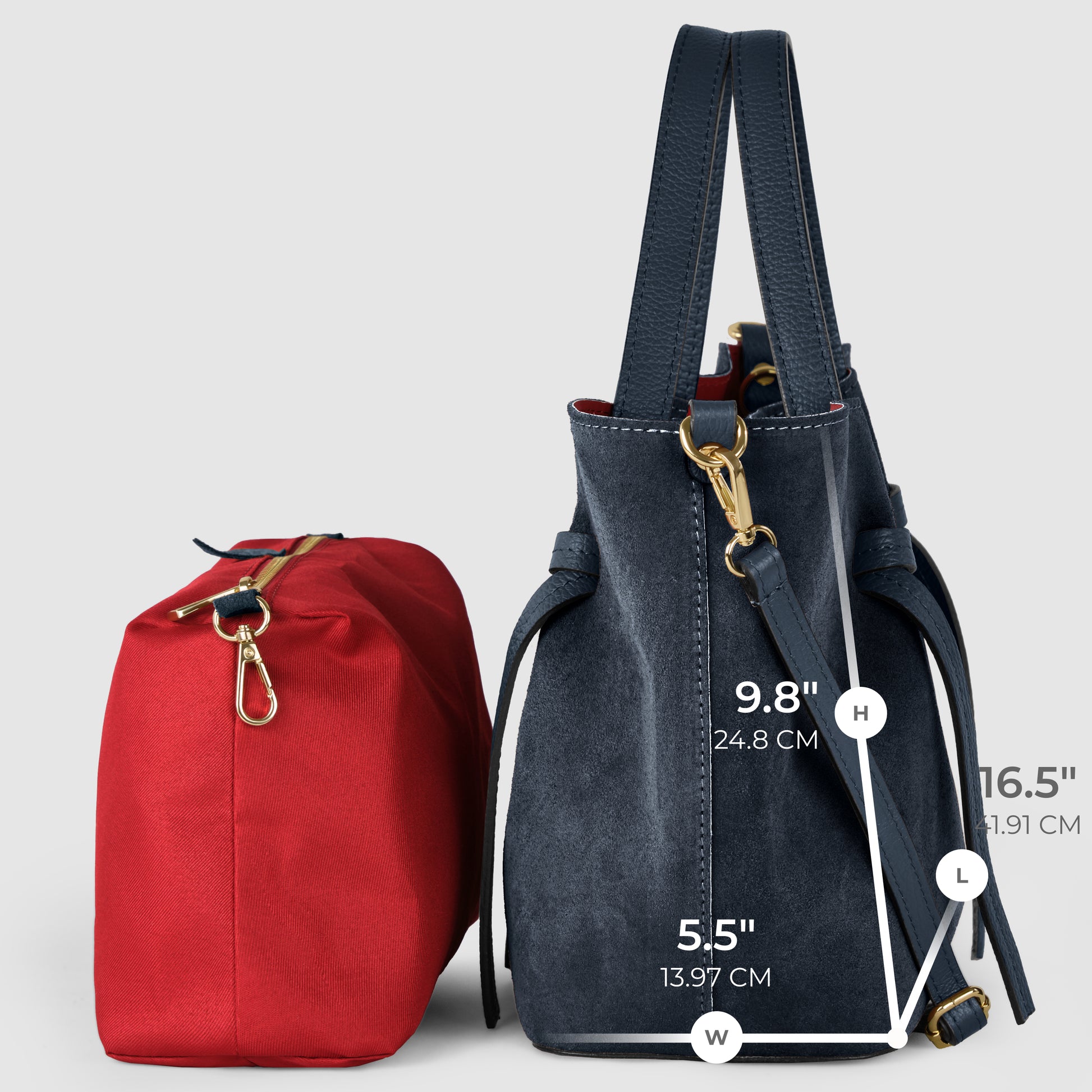Two handbags—one red and one dark blue—are shown side by side. The upright blue handmade Italian bag displays labeled measurements: height (9.8), width (5.5), and handle length (16.5). The red bag is laying flat.