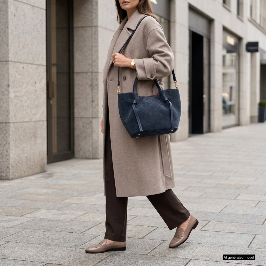 A woman in a long beige coat, brown pants, and loafers walks on a city sidewalk carrying an elegant handmade Florentine bag. The background shows modern stone buildings.