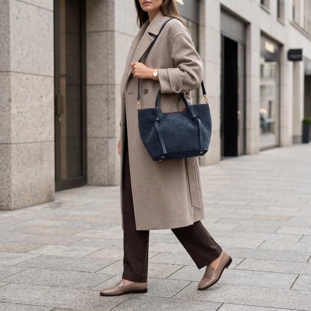 A person in a long beige coat, brown pants, and brown loafers walks on a city sidewalk, carrying an elegant handmade Florentine bag. The background features modern buildings with stone facades.