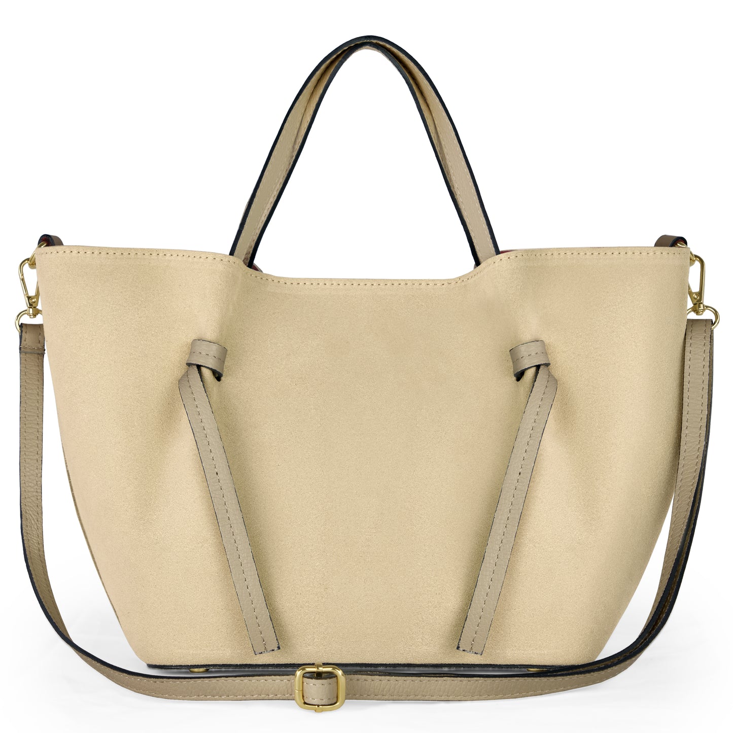 A greige suede tote handbag, inspired by Florentine leatherwork, features double handles, an adjustable shoulder strap, and gold-tone hardware, shown against a white background.