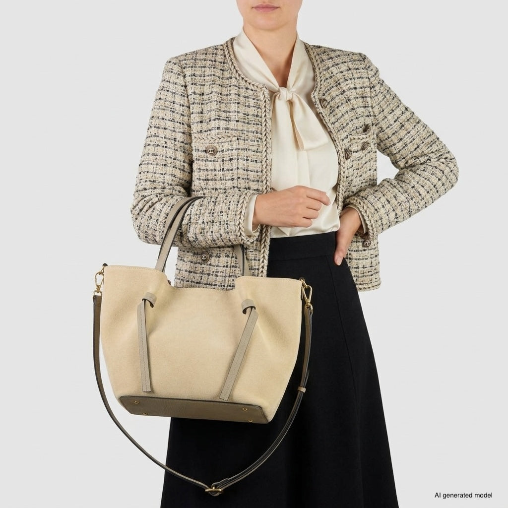 A woman in a tweed jacket and cream blouse holds a handmade Florentine bag with both hands. She is also wearing a black skirt. The background is plain and light grey.