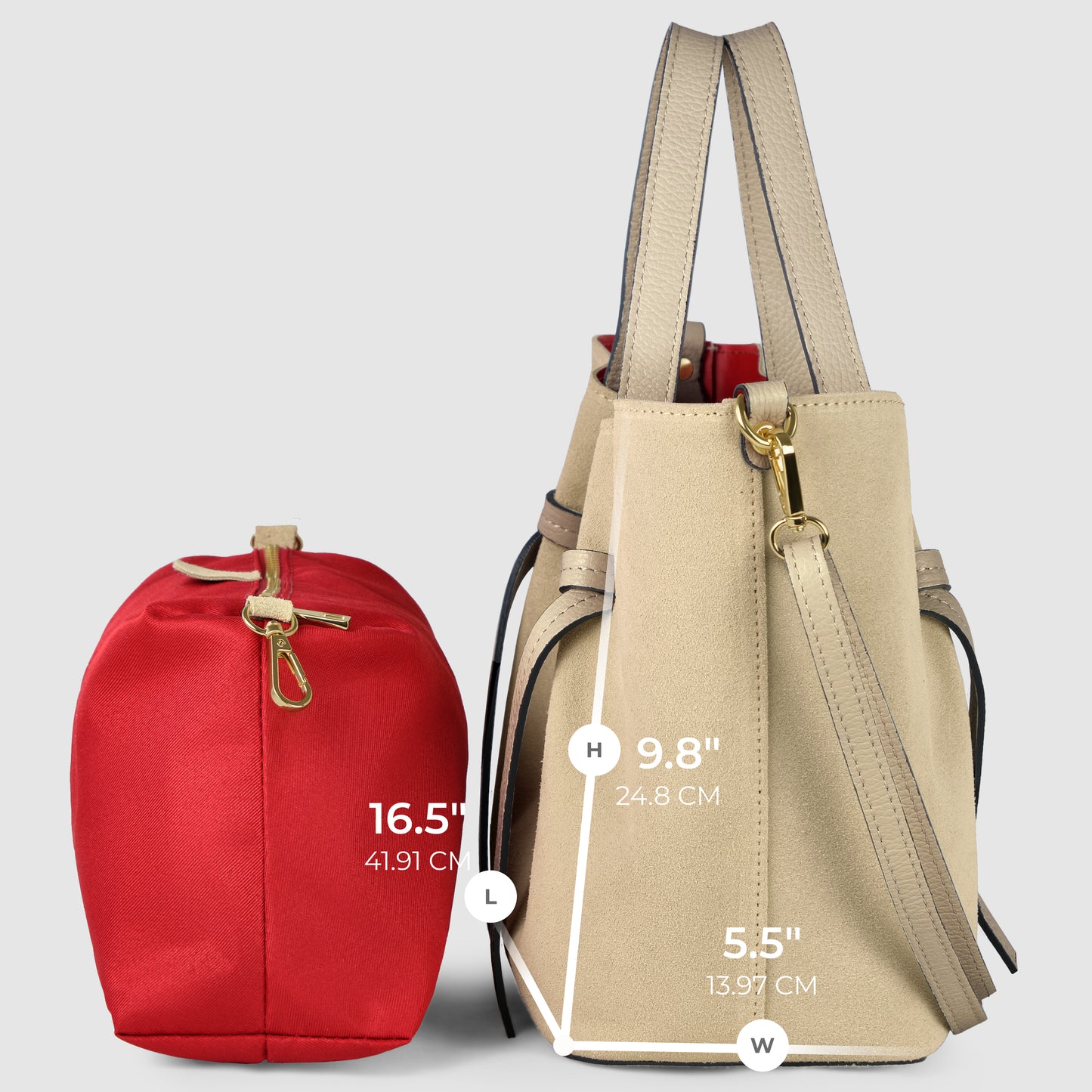 Two handbags side by side: a red cylindrical handmade Italian bag (16.5 tall) and a beige suede tote with handles and a shoulder strap (9.8 tall, 5.5 wide), showcasing Florentine leatherwork. Measurements in inches and centimeters are labeled.