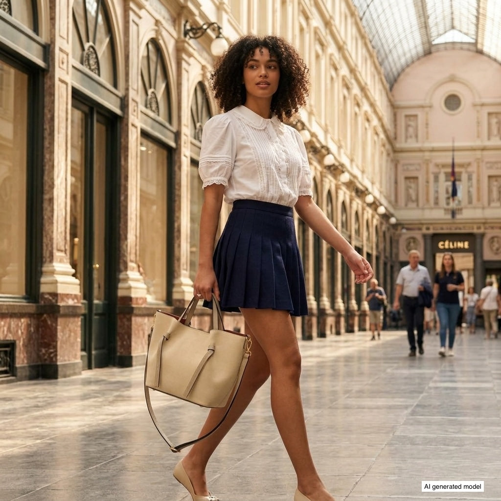 A woman wearing a white blouse and navy pleated skirt walks confidently in an elegant indoor shopping arcade, carrying a stylish handmade Florentine bag. Other people stroll in the background beneath a glass ceiling.