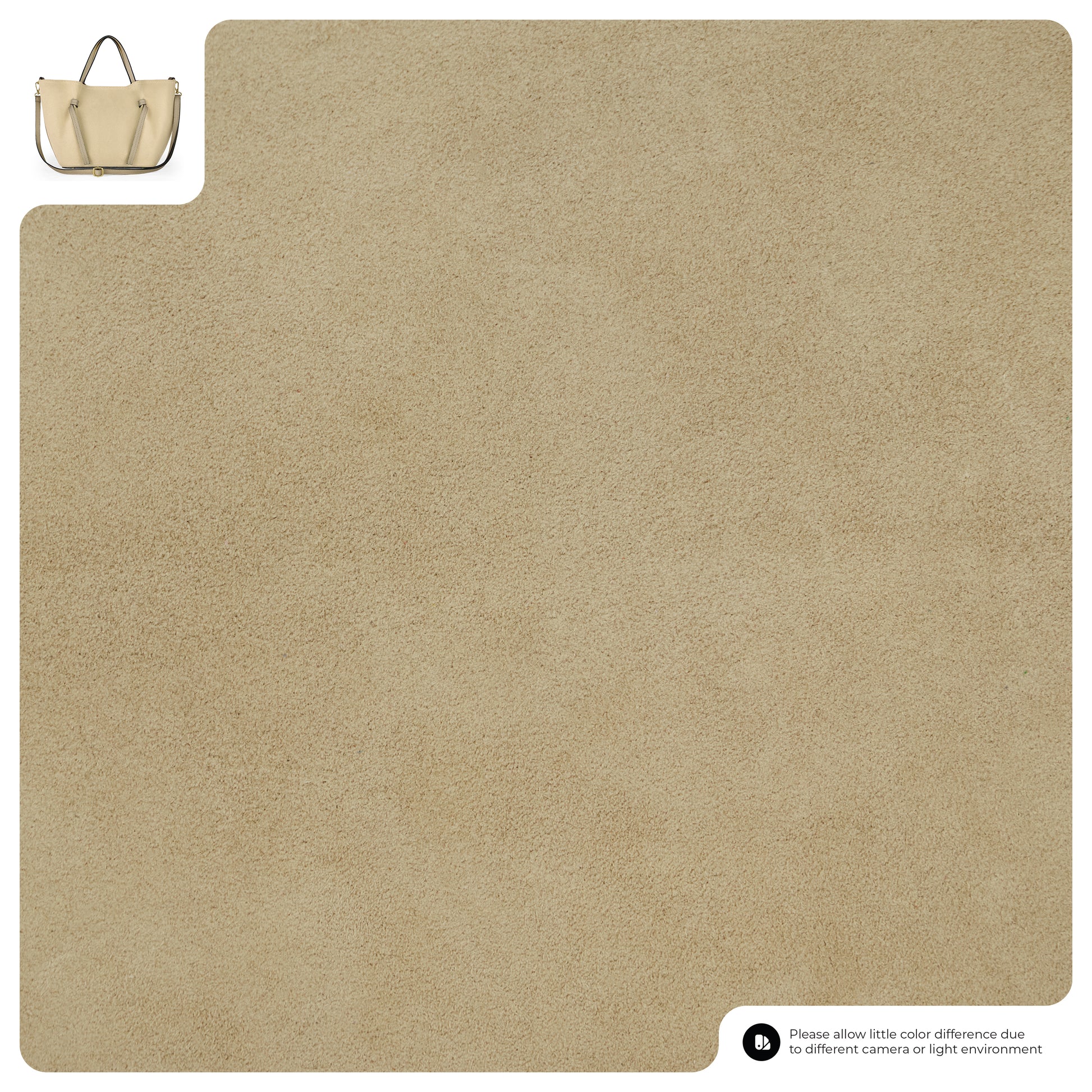 A large beige suede-like textured fabric sample fills the image. In the upper left corner, there is a small handmade Italian bag. Bottom right text notes possible color differences due to lighting or cameras.