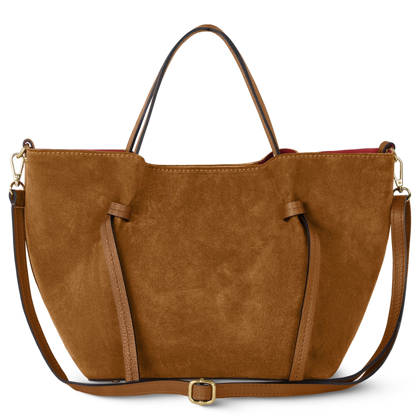 A mocha suede tote inspired by Florentine leatherwork with two top handles, a detachable adjustable shoulder strap, visible stitching, and a curved top edge in a minimalist, unembellished design.