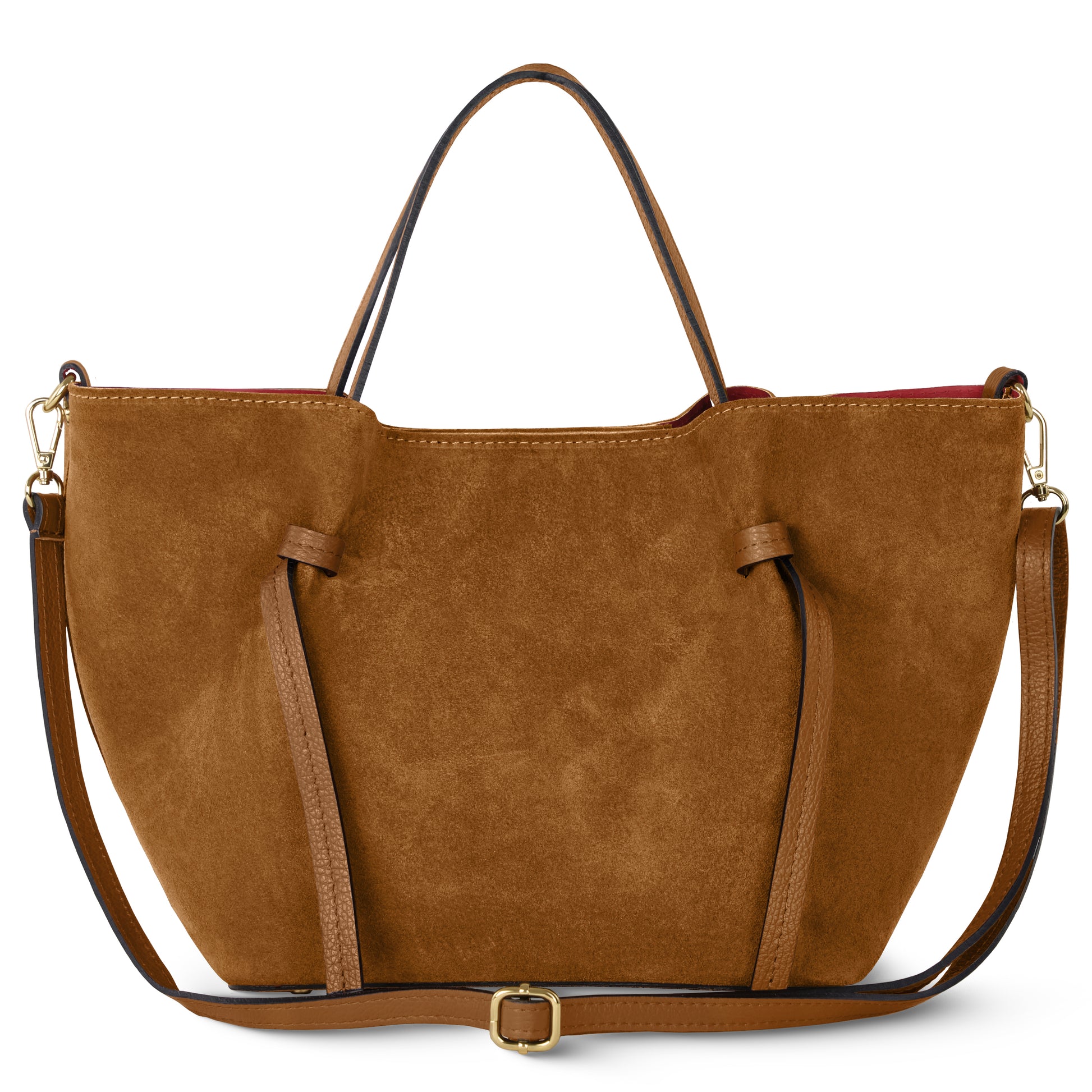 A mocha suede tote inspired by Florentine leatherwork with two top handles, a detachable adjustable shoulder strap, visible stitching, and a curved top edge in a minimalist, unembellished design.