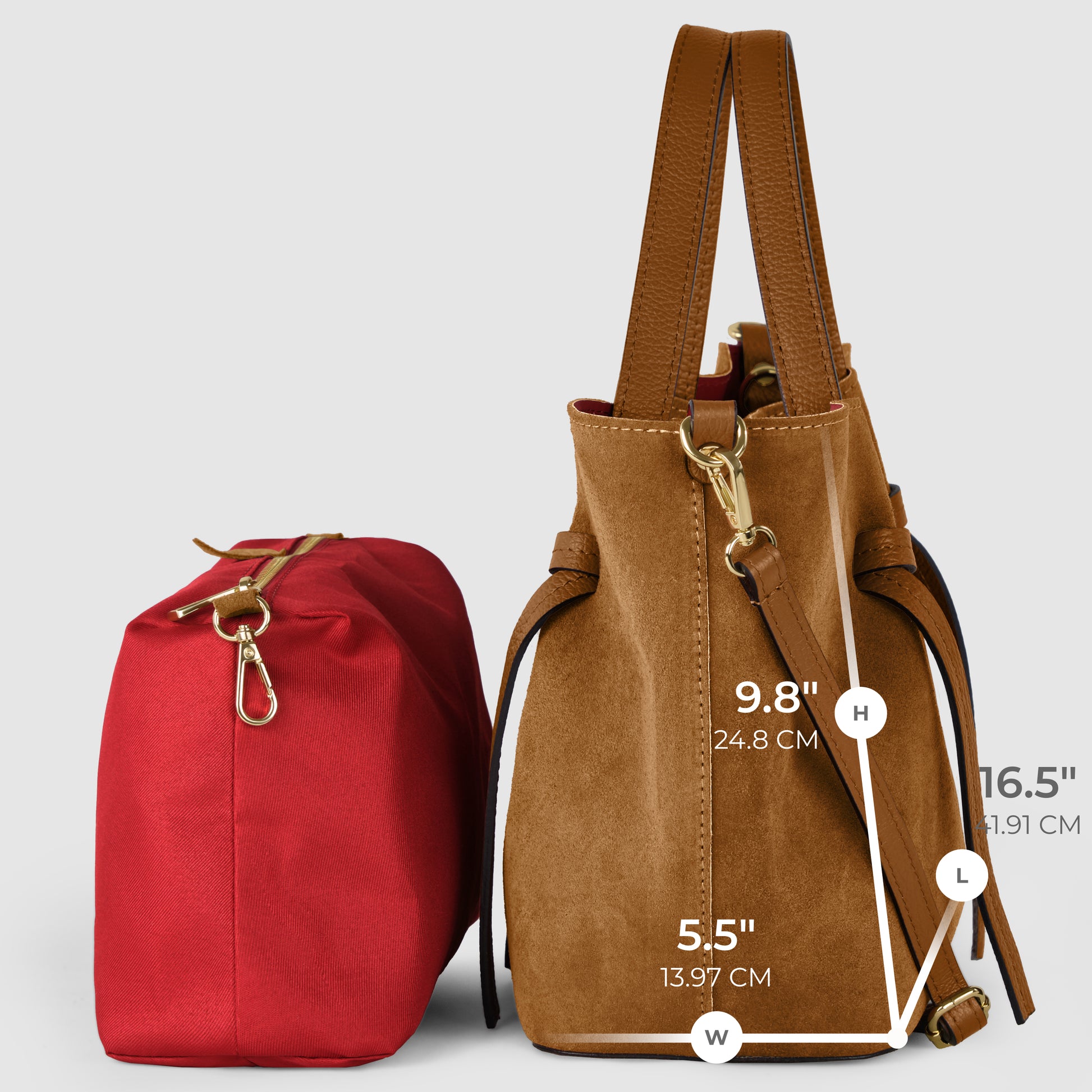 A side view of two handbags: a red bag on the left and a handmade Italian suede tote on the right, with the brown bag’s height, width, and length labeled in inches and centimeters.