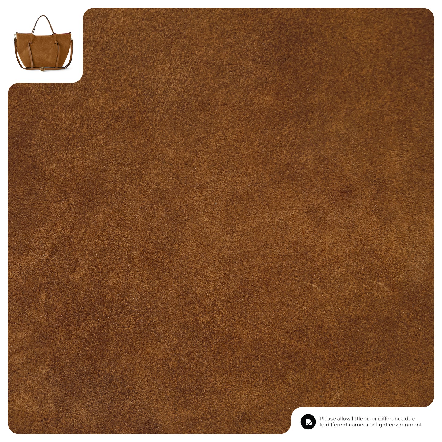 Close-up of a brown suede leather texture fills most of the image. In the top left corner, a small handmade Italian bag showcases classic Florentine leatherwork. Text at the bottom right notes possible color differences due to camera or lighting.