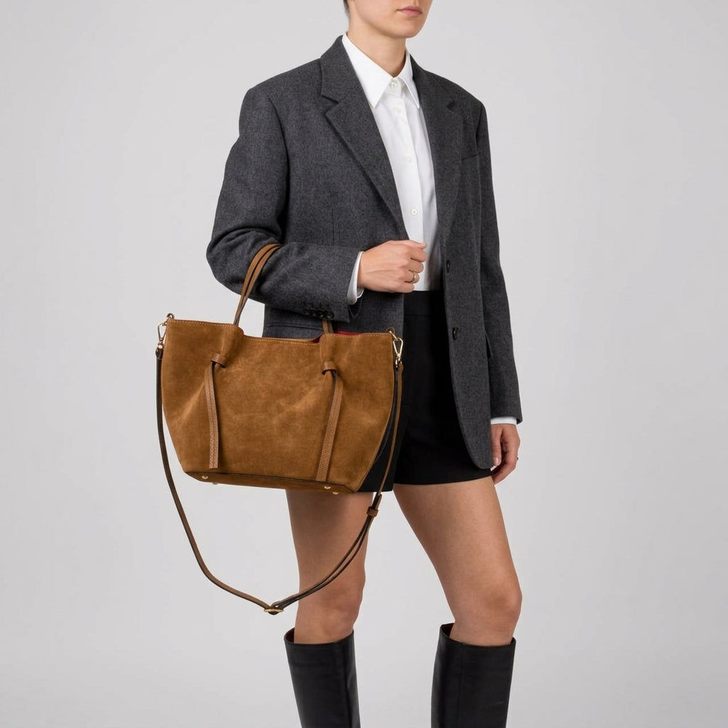 A person wearing a gray blazer, white shirt, black shorts, and knee-high black boots holds an Italian suede bag with both top handles and a shoulder strap. The background is plain light gray.