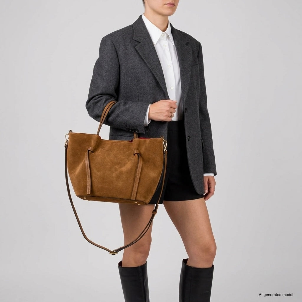 A person wearing a gray blazer, white shirt, black shorts, and black knee-high boots holds an Italian suede bag with both top handles and a shoulder strap—an elegant everyday carryall—against a plain background.