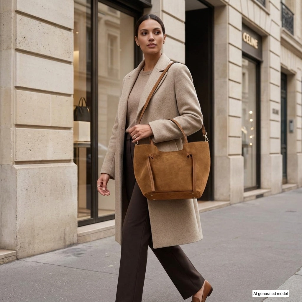 A woman in a beige coat and brown pants walks on a city sidewalk, carrying an elegant handmade Florentine bag. She passes by a storefront with glass windows and beige stone walls.