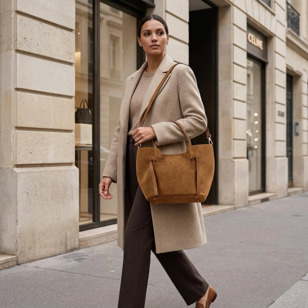 A woman wearing a beige coat, brown trousers, and brown shoes walks on a city sidewalk, carrying an Italian suede bag. She passes elegant stone buildings and a boutique with “CELINE” signage.