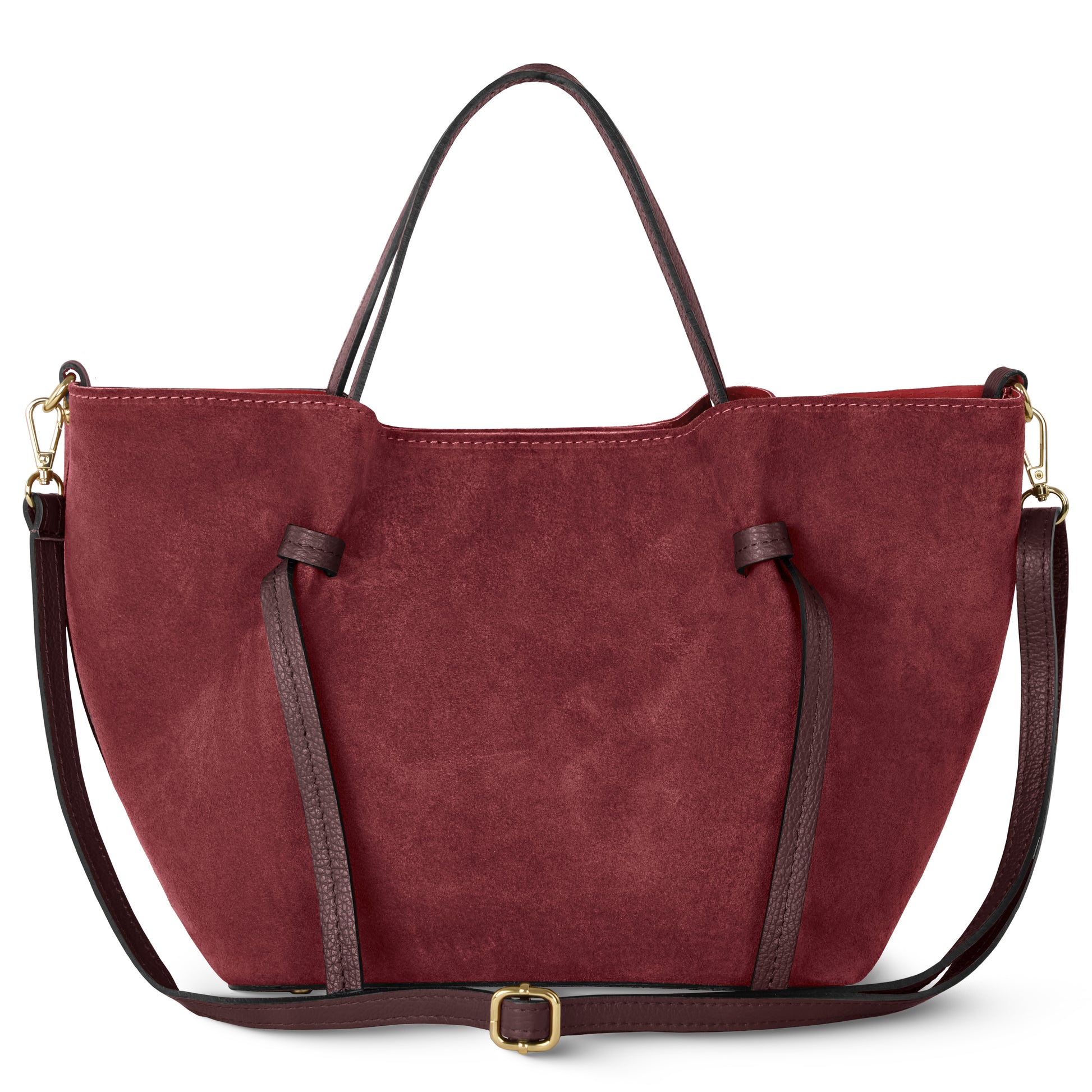 A burgundy suede tote bag with dark brown leather handles, an adjustable shoulder strap, gold-tone hardware, and classic Florentine leatherwork in a simple, unadorned design.