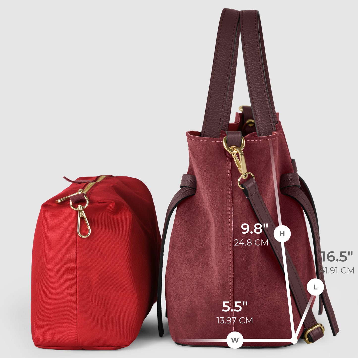Two handbags are side by side, one red and one burgundy. The burgundy bag, a handmade Italian bag, is upright with dimensions labeled: height 9.8 (24.8 cm), length 16.5 (41.91 cm), width 5.5 (13.97 cm).