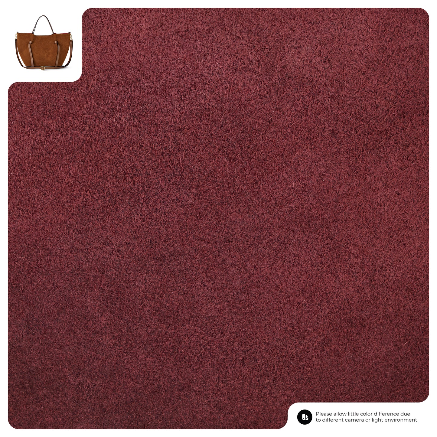 A large, rectangular reddish-brown rug with a soft, shaggy texture. A handmade Italian bag is shown in the top left corner for scale. A note in the bottom right mentions possible color differences due to lighting.
