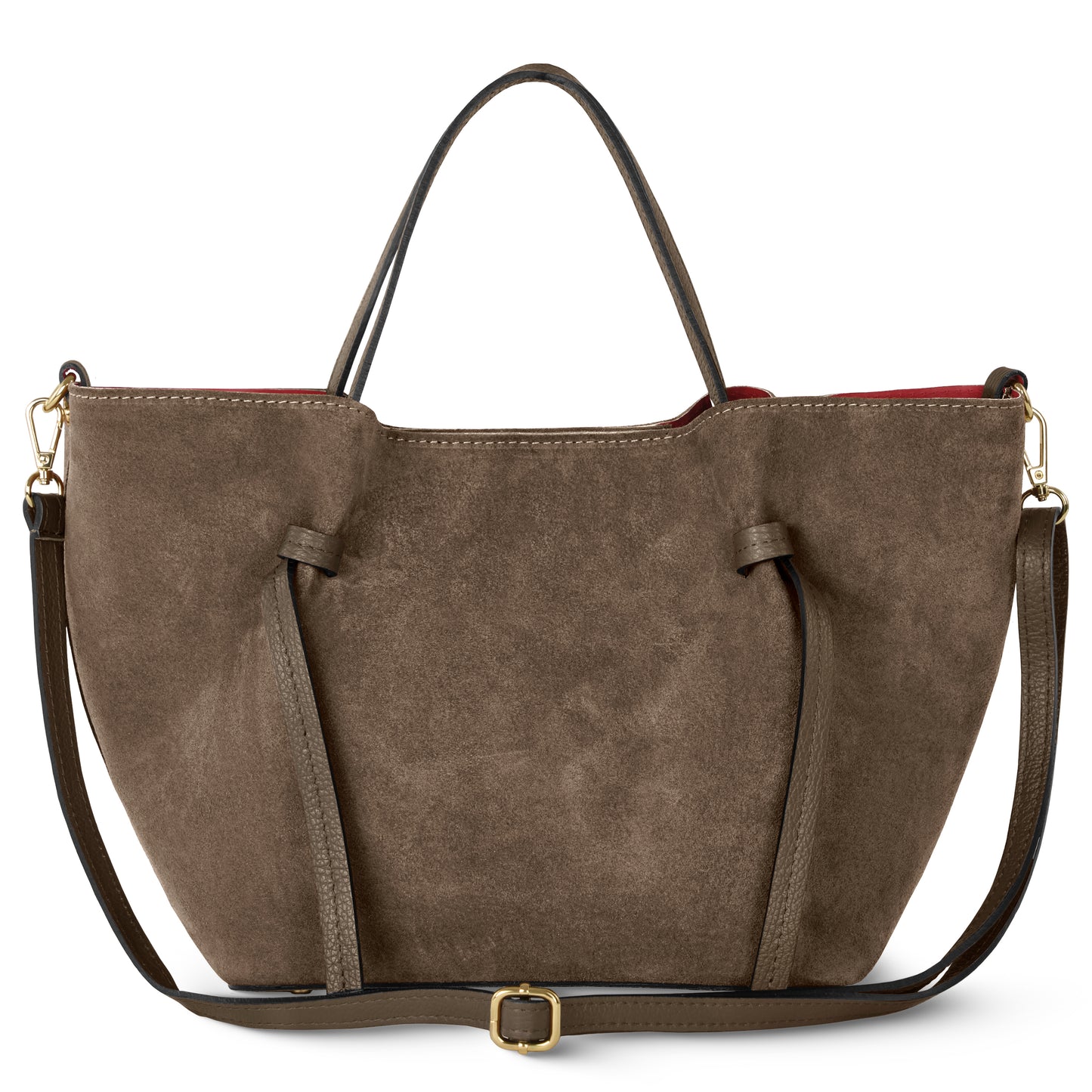 A tobacco suede tote with two short handles, a detachable long shoulder strap, gold hardware, and subtle stitching is photographed against a white background.
