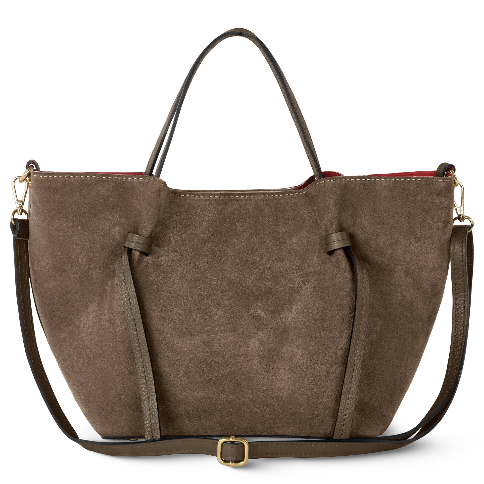 A tobacco suede tote with two short handles, a detachable long shoulder strap, gold hardware, and subtle stitching is photographed against a white background.