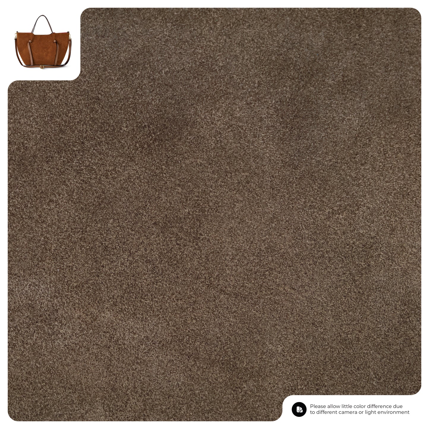 A square sample of brown, textured carpet with a handmade Italian bag in the top left corner for scale. A note at the bottom indicates color may vary due to lighting or camera differences.