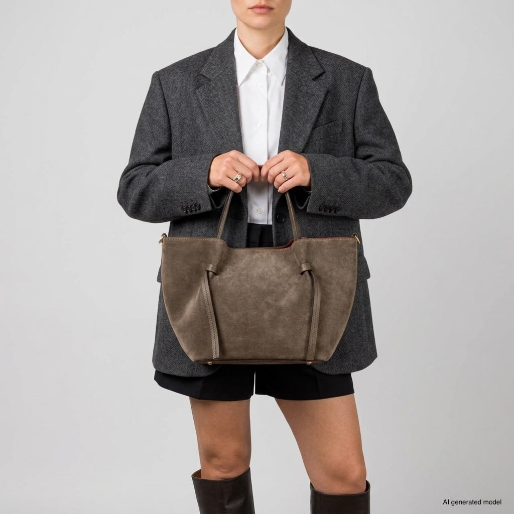 A person wearing a dark oversized blazer, white shirt, black shorts, and knee-high boots holds a handmade Florentine bag with both hands against a plain light background.